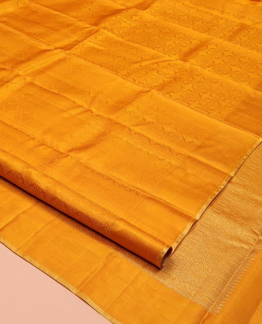 Yellow Parampara Silk Saree, Subtly Sparkled With Embossed Checked Texture On Its Body, Subtle Traditional Border, Geometric Patterned Pallu and Paired with a Matching Blouse