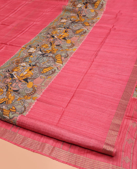 Pink Tussar Silk Saree, Boldly Accentuated with Kalamkari Human Figurines Print, Self-Border, Printed Pallu, and a Contrast-Printed Blouse