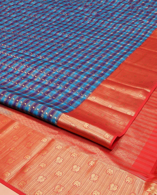 Multi-Color Vasundhara Lite Silk Mix Saree, Ornamented with Checked Design on Its Body, Complemented by a Contrast Border of Geometric, Mayil, and Yaanai Designs, a Grand Scallop Design Pallu, and Paired with a Contrast Blouse