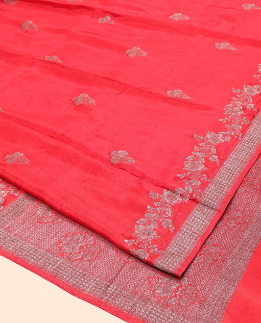 Red HO-Silk Saree, Adorned with Floral Zari Buttas All Over Its Body, Highlighted by Self-Border of Floral Creeper Designs, Floral Jaal Pallu and Paired with a Plain Blouse