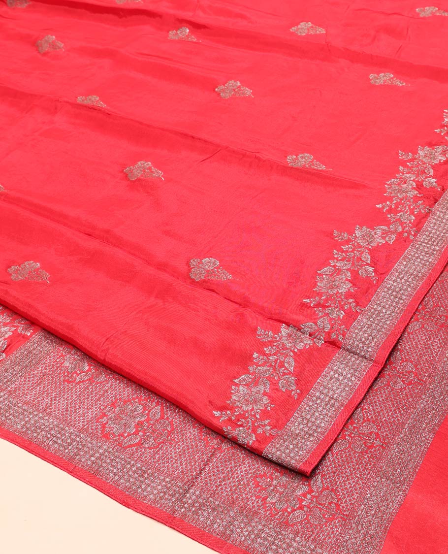 Red HO-Silk Saree, Adorned with Floral Zari Buttas All Over Its Body, Highlighted by Self-Border of Floral Creeper Designs, Floral Jaal Pallu and Paired with a Plain Blouse