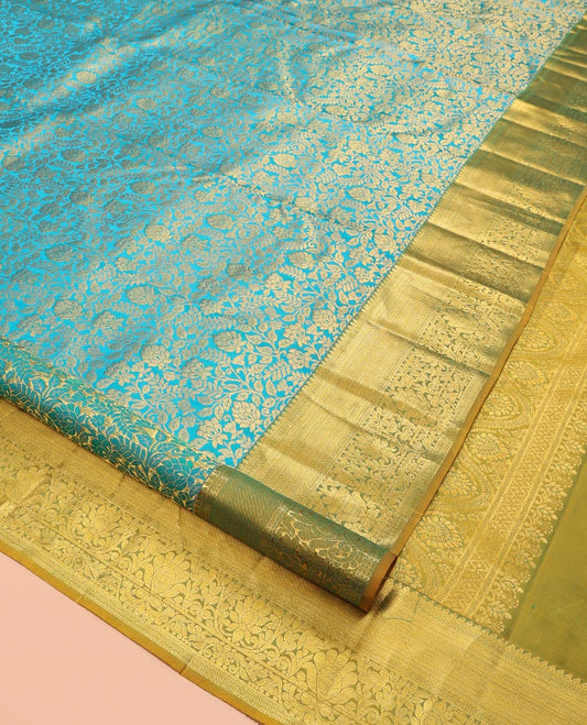 Blue Kanchipuram Wedding Silk Saree, Graced with Jacquard Design, a Contrast Border of Traditional Zari Design, Grand Pallu, and a Contrast Blouse