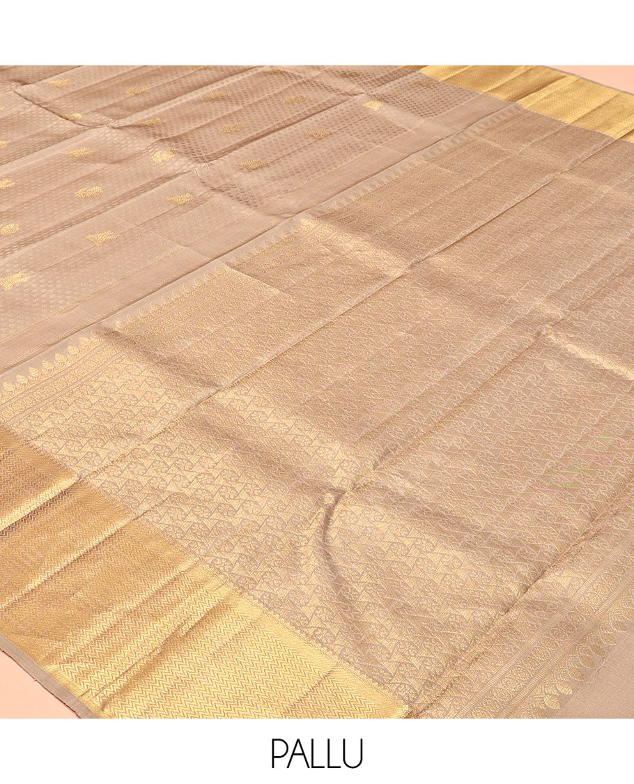 Gold Embossed-Zari Buttas Kanchipuram Silk Saree, a Vanki Zari Border, Grand Pallu, Matching Blouse