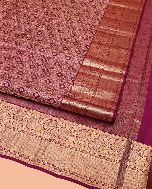 Purple Kanchipuram Wedding Silk Saree, Gracefully Embellished with Jacquard Designs on Its Body, Highlighted by a Zari Border of Rekku, and Kodi Visiry Designs, Richly Detailed Pallu, and Paired with a Matching Blouse