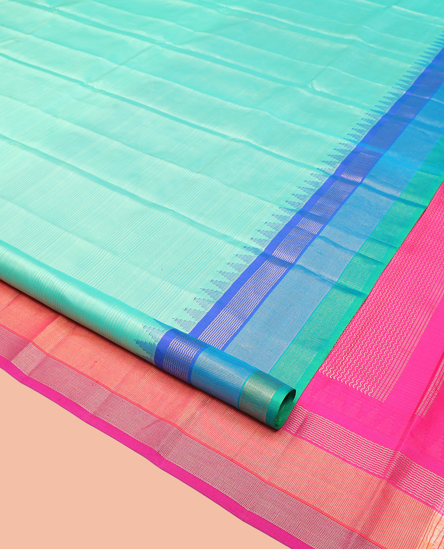 Turquoise Striped Bangalore Silk Saree, Complemented by a Contrast Temple Ganga-Jamuna Border, Zari-Striped Pallu, and Contrast Blouse