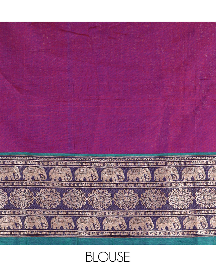 Magenta Mercerised Cotton Half-Saree, Plain Skirt, an Elephant Motif Border, a Matching Blouse, Contrast Dhavani