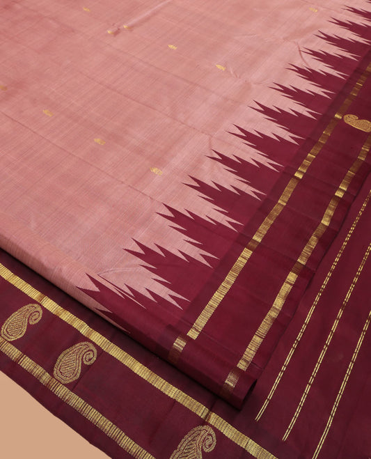 Pale Brown Kanchipuram Silk Saree, Woven with Zari Buttas, Complemented by a Contrast One-Sided Thazampoo Rekku Border of Manga Designs, Zari Woven Pallu, and a No Blouse
