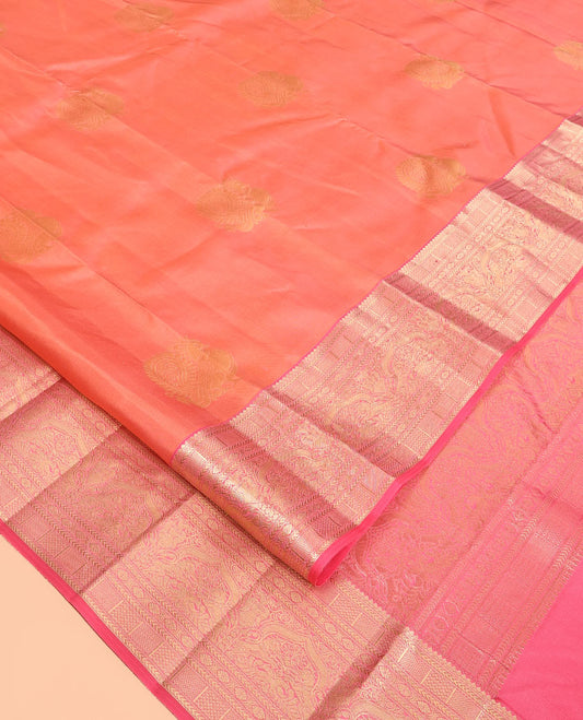 Peach Vasundhara Silk Saree, Delicately Woven with Annam Buttas, Contrast Border of Thilakam, Kathir, Mayil Kann, Kamalam, Mayil, and Yaali, Grand Pallu, and a Matching Blouse