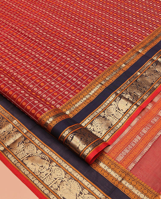 Red Buttas-Checked Kuppadam Silk Saree, a Contrast Double-Pet Peacock-Elephant Border, Grand Pallu, Matching Blouse