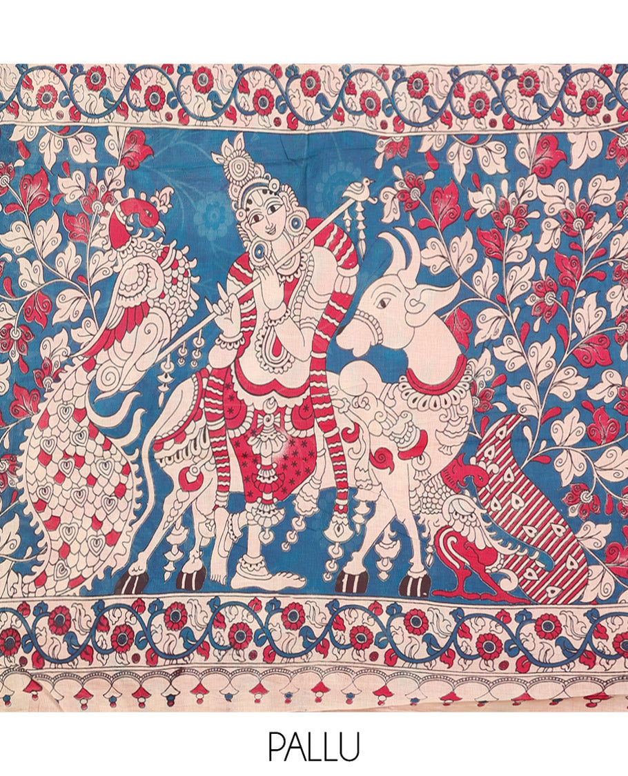 Pink Machine-Printed Kalamkari Cotton Saree Features Floral, Fauna, and Pichwai Lotus, a Contrast-Printed Border, Pallu of Lord Krishna Motifs, and a Contrast Blouse
