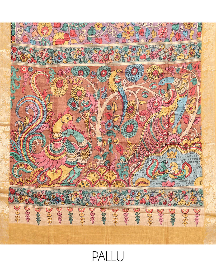 Purple Kalamkari Saree, Decorated with Floral Print, Complemented by Contrast Zari Border, Pallu of Fauna Motifs, and a Contrast Blouse