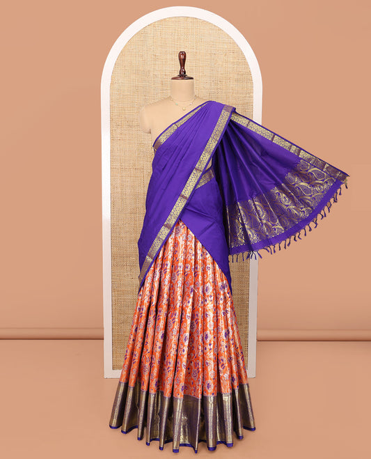 Orange Art Silk Material Half Saree Set, Majestically Detailed with Floral Jacquard Design Skirt, a Contrast Traditional Zari Design Border, Contrast Zari-Jacquard Blouse, and a Dhavani of Paisley Designs