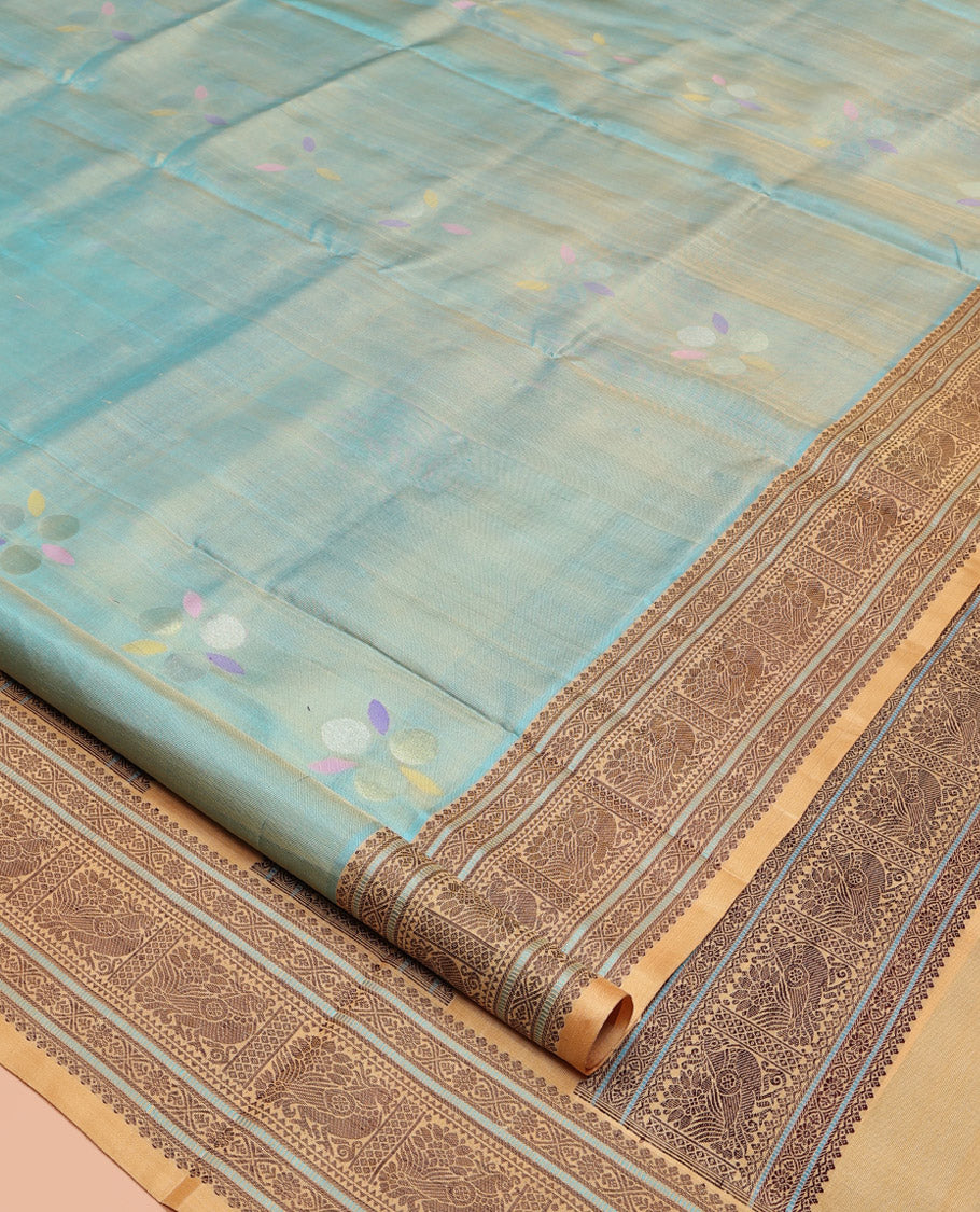 Blue Venkatagiri Silk Saree, Featuring Meena Buttas All Over Its Body, Complemented by a Contrast Traditional Motifs Woven Border, Pallu of Peacock Designs, and Paired with a Contrast Blouse