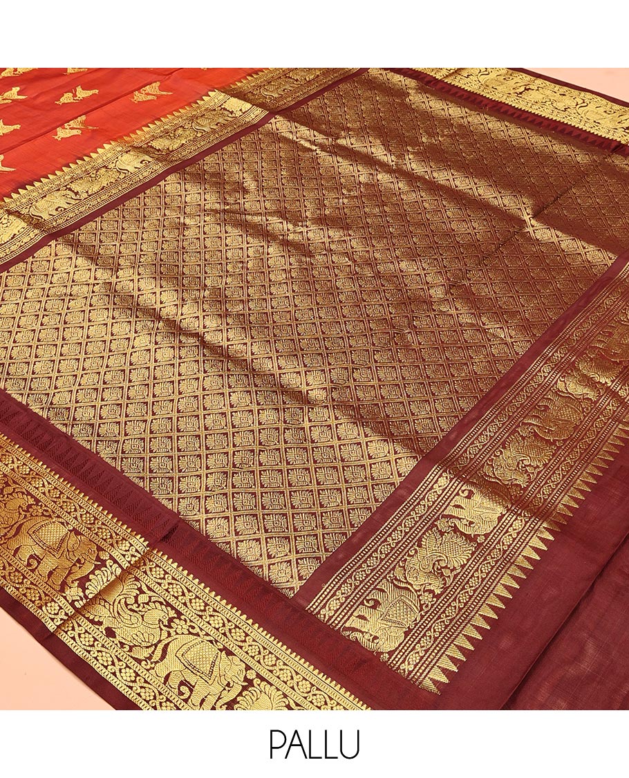 Rust Bird Buttas Venkatagiri Silk Saree, a Contrast Traditional Border, Jaal Pallu, Contrast Blouse