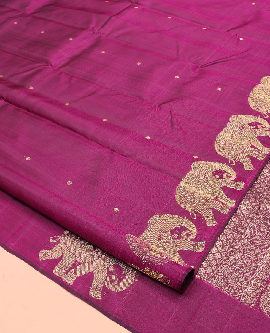 Borderless Purple Designer Silk Saree, Graced with Zari Buttas All Over Its Body, Highlighted by Elephant Motifs On Its Border, Grand Pallu and Paired with a Matching Blouse