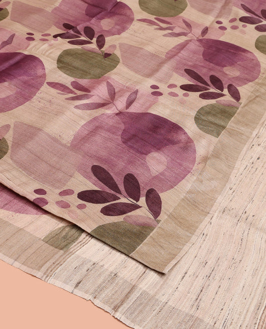 Sandal Tussar Silk Saree, Bedecked with Floral and Circle Motifs Print on Its Body, a Subtle Border, Heathered Pallu, and Paired with a Matching Blouse