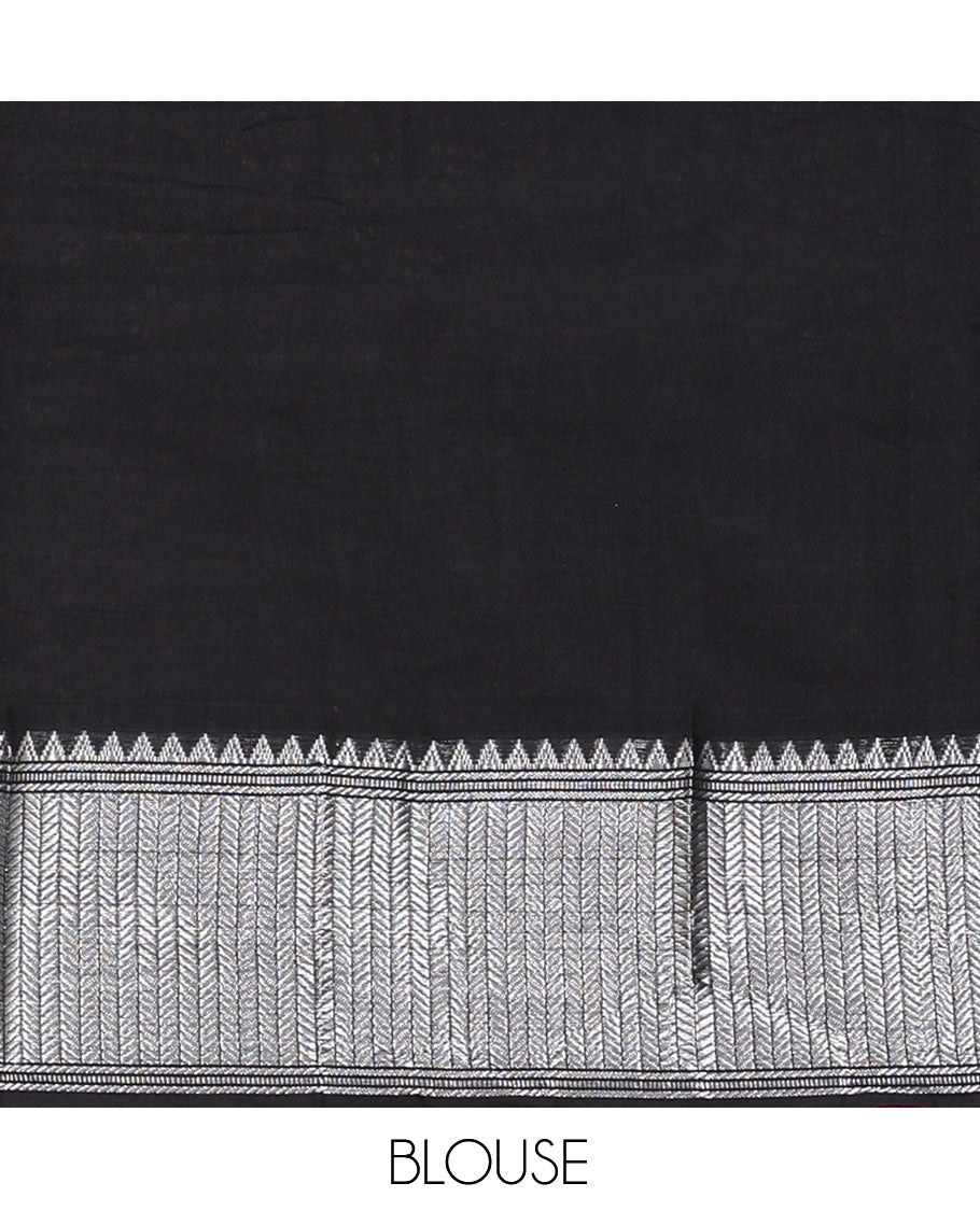 Black Cotton Half-Saree Features Plain Skirt, a Traditional Border, a Matching Blouse, and a Contrast Dhavani