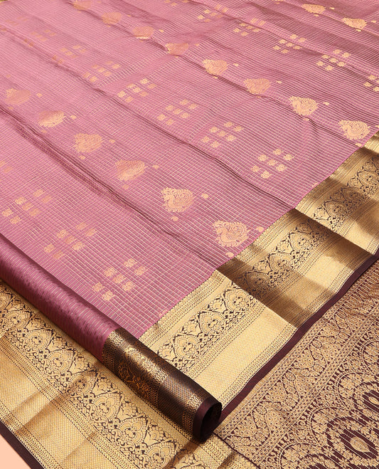 Pink Vasundhara Lite Silk Mix Saree, Enriched with Butta Enclosed Checks, a Contrast Border of Thilakam, Kathir, Muthu, and Mayil Kann Designs, Grand Pallu, and a Contrast Blouse