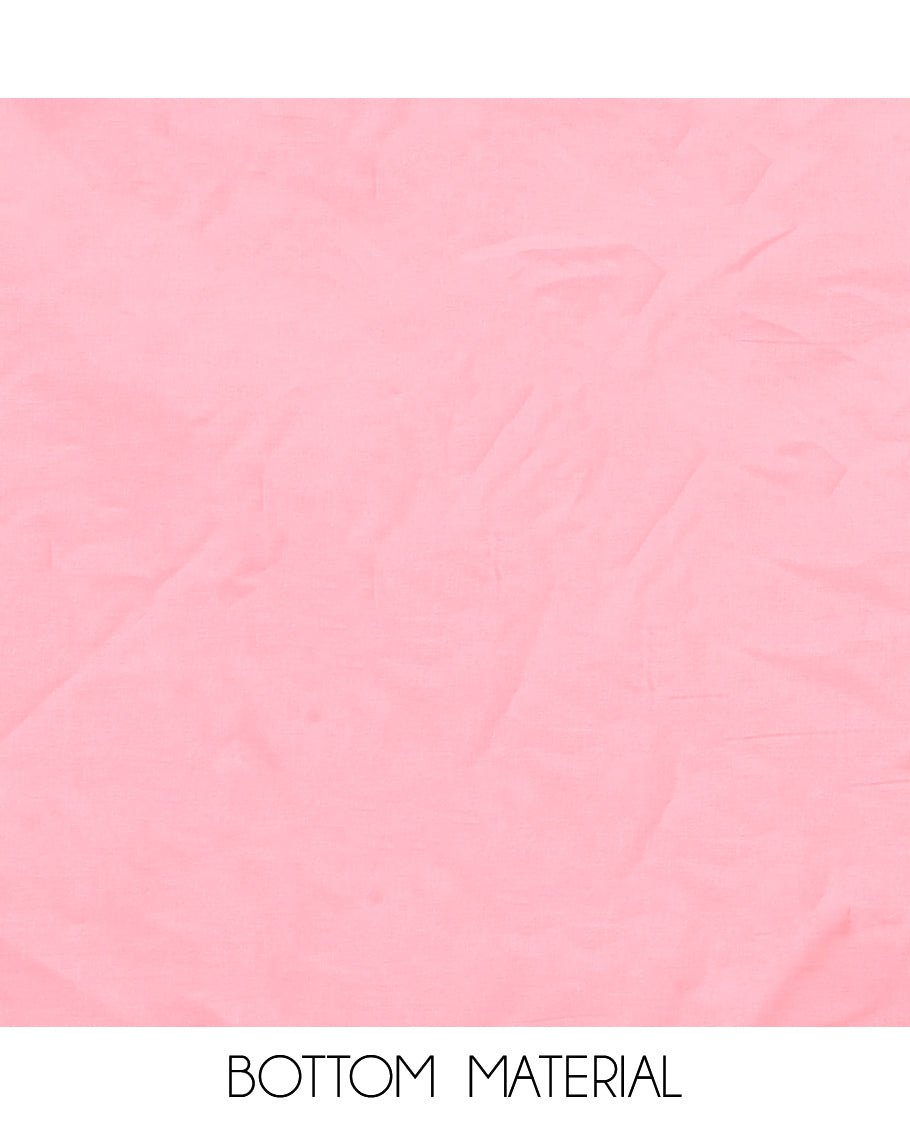 Pink Net Kota Material Churidar, Hand-Brush Painting Floral Top, a Plain Bottom, Floral Dupatta