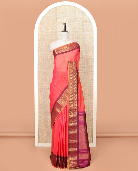 Pink Gadwal Saree Bedecked with Zari Buttas, Contrast Border Steeped with Traditional Zari Designs, Pallu of Jaal Design, and a Contrast Blouse Highlighted with Zari Border