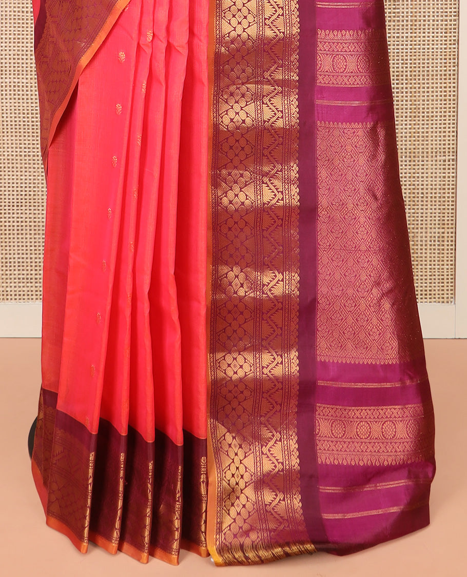 Pink Gadwal Saree Bedecked with Zari Buttas, Contrast Border Steeped with Traditional Zari Designs, Pallu of Jaal Design, and a Contrast Blouse Highlighted with Zari Border