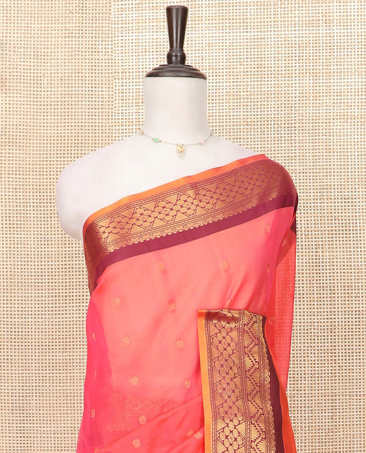 Pink Gadwal Saree Bedecked with Zari Buttas, Contrast Border Steeped with Traditional Zari Designs, Pallu of Jaal Design, and a Contrast Blouse Highlighted with Zari Border