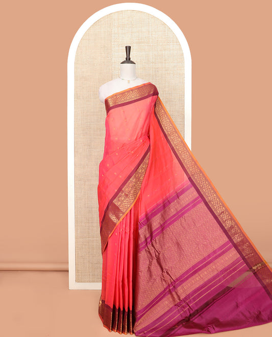 Pink Gadwal Saree Bedecked with Zari Buttas, Contrast Border Steeped with Traditional Zari Designs, Pallu of Jaal Design, and a Contrast Blouse Highlighted with Zari Border