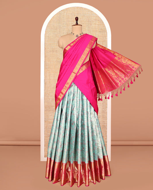Blue Art Silk Half-Saree, Elegantly Highlighted with Jacquard Design, Contrast Traditional Zari Border, Paired with a Contrast Jacquard Blouse, and an Intricate Dhavani
