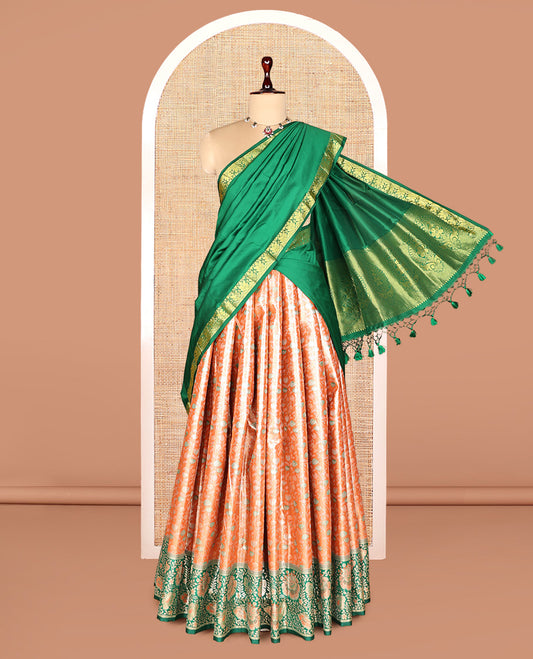 Orange Art Silk Half-Saree, Bedecked with Jacquard Design, Contrast Floral Zari Border, Paired with a Contrast Jacquard Blouse, and an Intricate Dhavani
