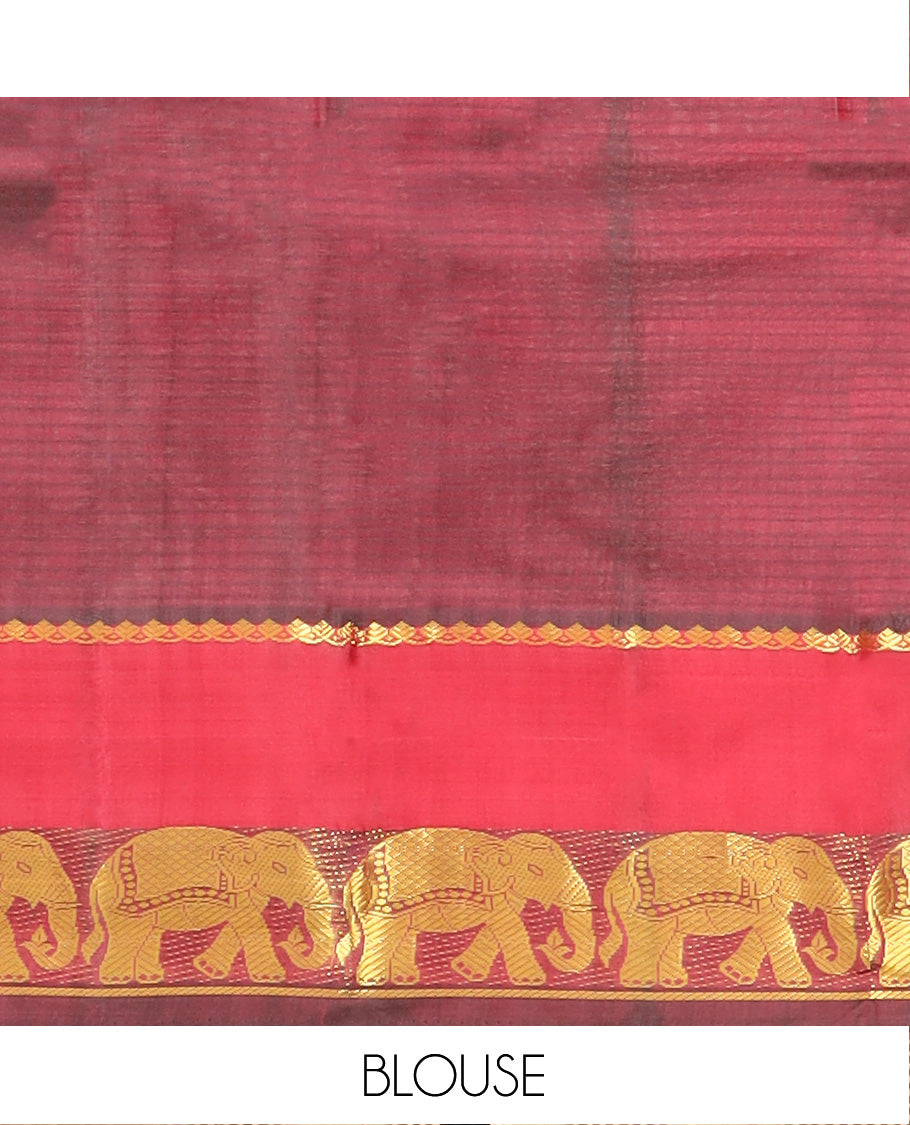 Orange Vazhaipoo Striped Kanchipuram Silk Saree, Complemented by Contrast Rettai Pettu Border of Thilakam Mokku, and Yaanai Designs, Pallu Subtly Woven in Stripes, and Paired with a Contrast Blouse