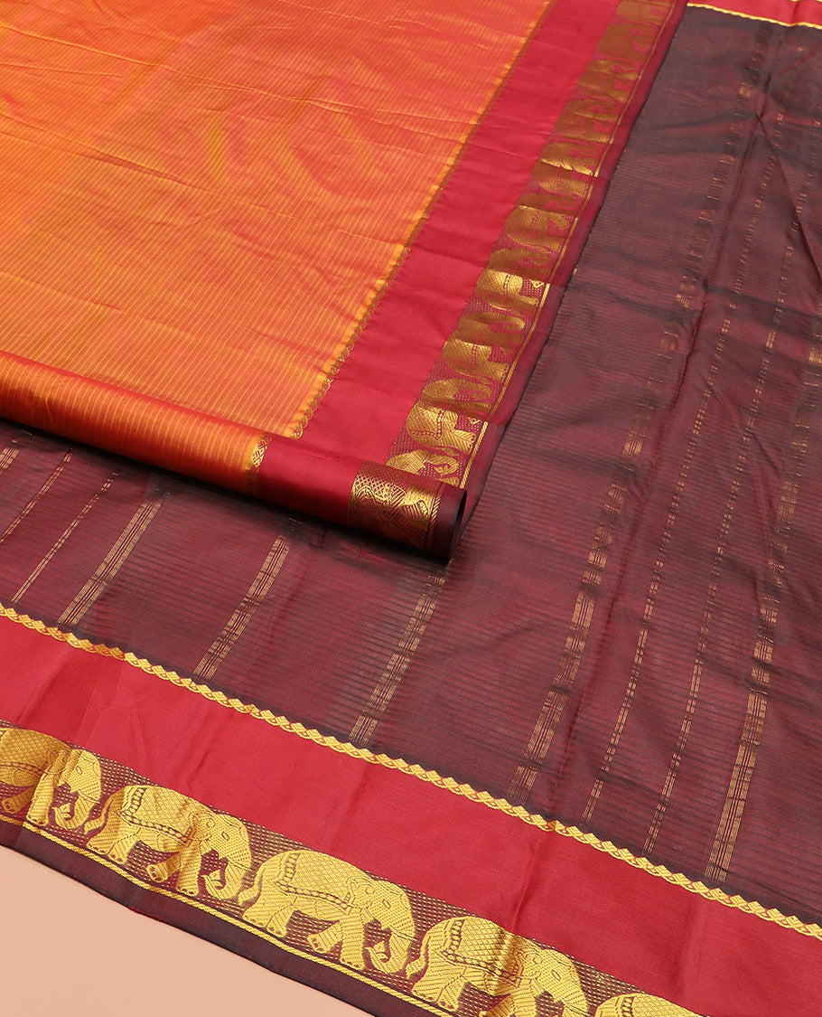 Orange Vazhaipoo Striped Kanchipuram Silk Saree, Complemented by Contrast Rettai Pettu Border of Thilakam Mokku, and Yaanai Designs, Pallu Subtly Woven in Stripes, and Paired with a Contrast Blouse