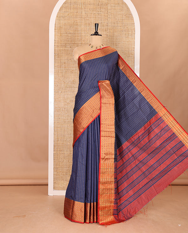 Navy blue thread butta all over body semi soft silk , contrast traditional  border , contrast lining chit pallu
