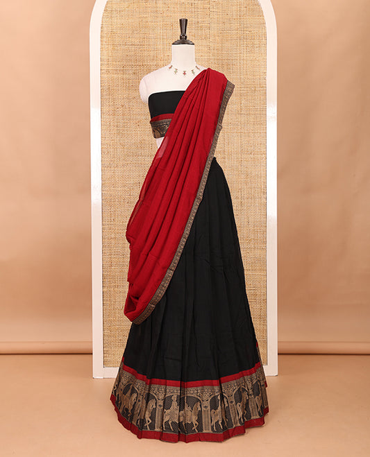 Black with red mercedised cotton half-saree, contrast elephant zari border skirt, matching blouse & one side border georgette dhavani