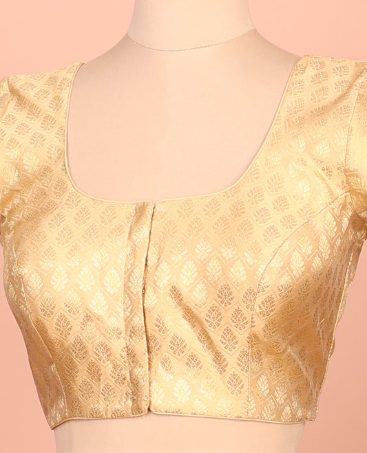 Gold buttas and chevron striped front-back round neck elbow-sleeve readymade blouse