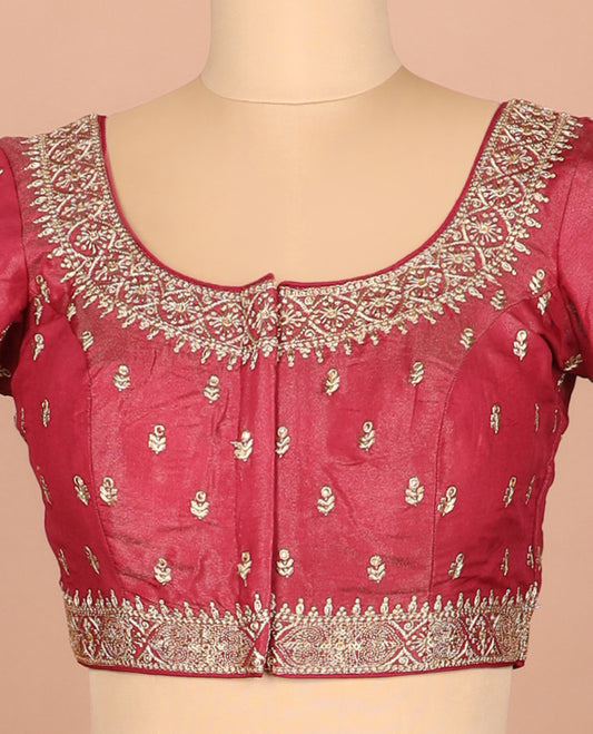 Red thread embroidered front-and-back round elbow-sleeve readymade blouse