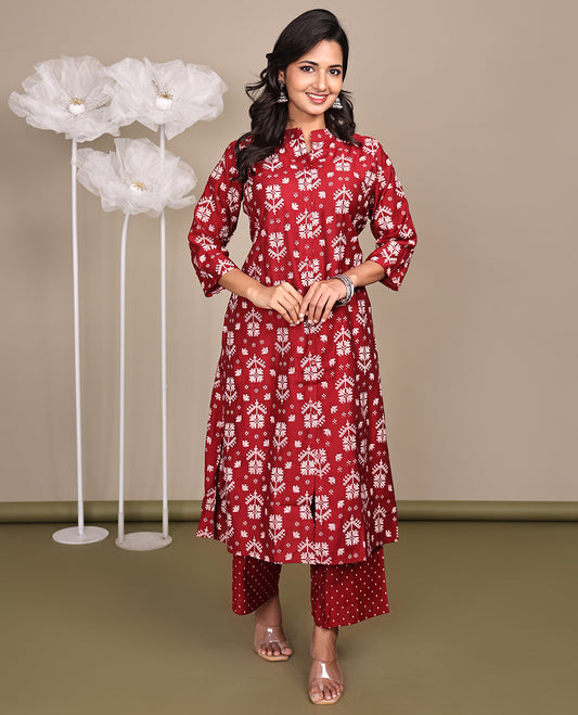 Red Cotton Ready-Made Suit, Featuring Jamdani-Style Prints, a Chinese Collar, 3/4 Sleeves, and Straight-Cut Top, Paired with Polka-Dot-Printed Straight-Cut Pants