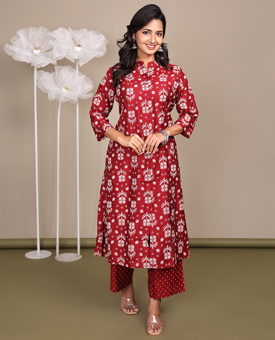 Red Cotton Ready-Made Suit, Featuring Jamdani-Style Prints, a Chinese Collar, 3/4 Sleeves, and Straight-Cut Top, Paired with Polka-Dot-Printed Straight-Cut Pants