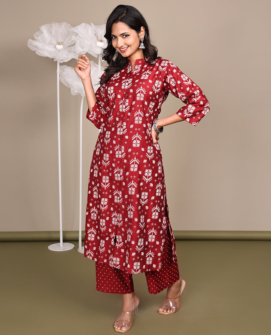 Red Cotton Ready-Made Suit, Featuring Jamdani-Style Prints, a Chinese Collar, 3/4 Sleeves, and Straight-Cut Top, Paired with Polka-Dot-Printed Straight-Cut Pants