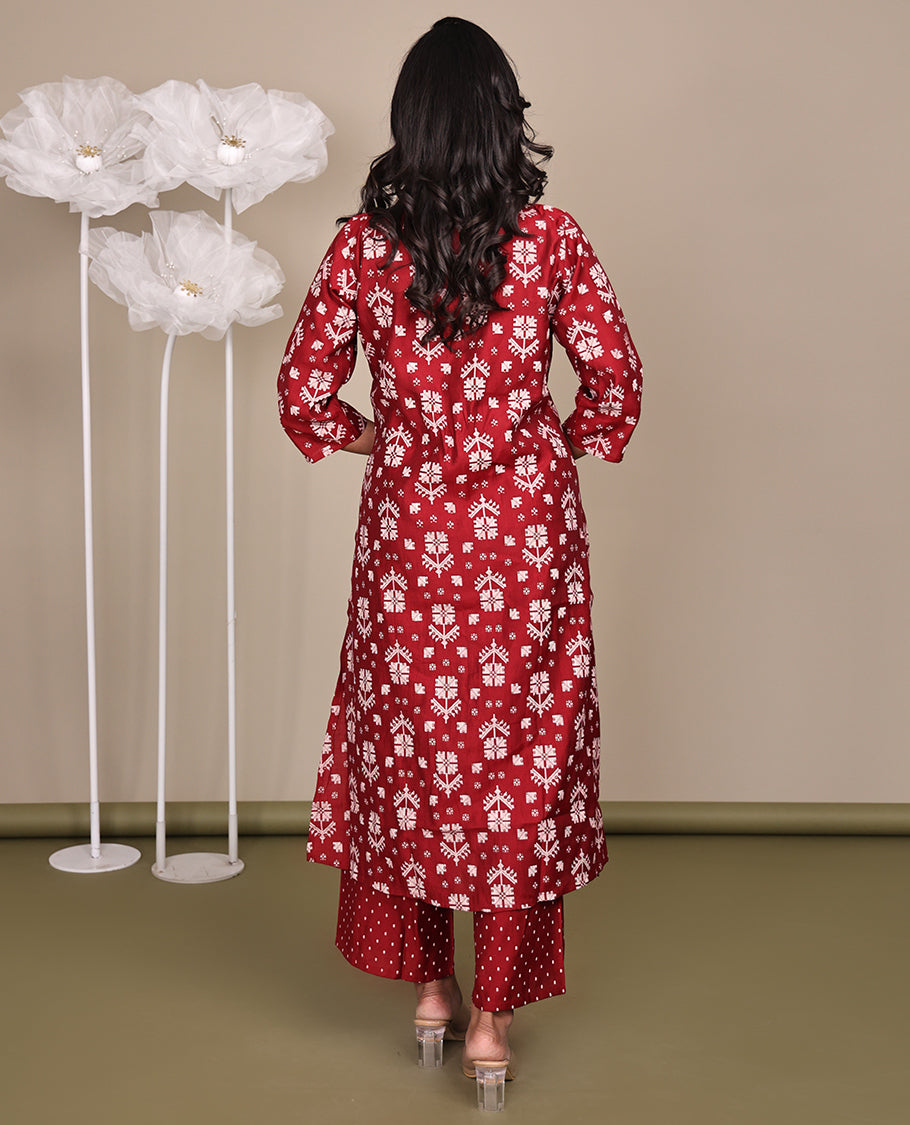 Red Cotton Ready-Made Suit, Featuring Jamdani-Style Prints, a Chinese Collar, 3/4 Sleeves, and Straight-Cut Top, Paired with Polka-Dot-Printed Straight-Cut Pants
