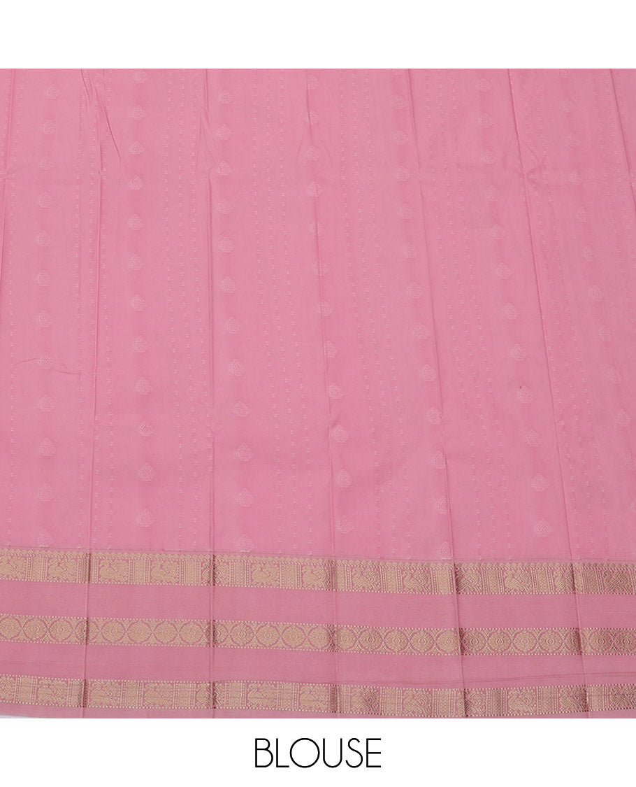 Pink Budget Silk Saree, Woven with Zari Buttas, Complemented by a Contrast Traditional Zari Border, Jaal Pallu, and a Contrast Blouse