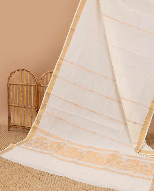 Cream kerala saree with zari stripes, zari border & pallu of zari designs