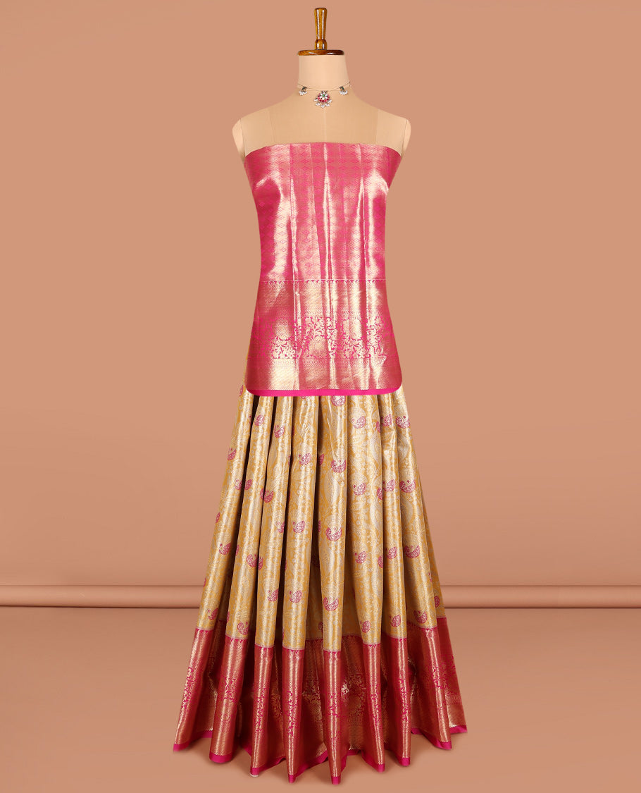 Yellow art silk half saree material , floral jacquard with contrast traditional zari bordered skirt, contrast jacquard blouse, and paisley jaal dhavani