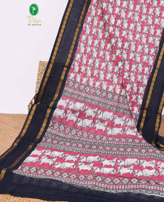 Pink pichwai printed sungudi cotton saree with contrast double pad, rudraksh border