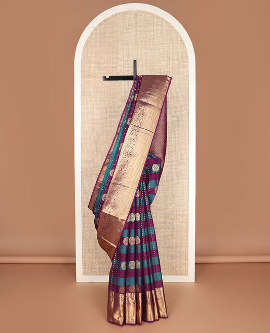 Purple-blue striped & zari design vasundhara silkmix saree,contrast jaal pallu & border of thilakam,banaras,rudraksham,floral & manga