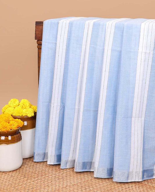 Borderless Blue vertical striped jute cotton saree with striped pallu