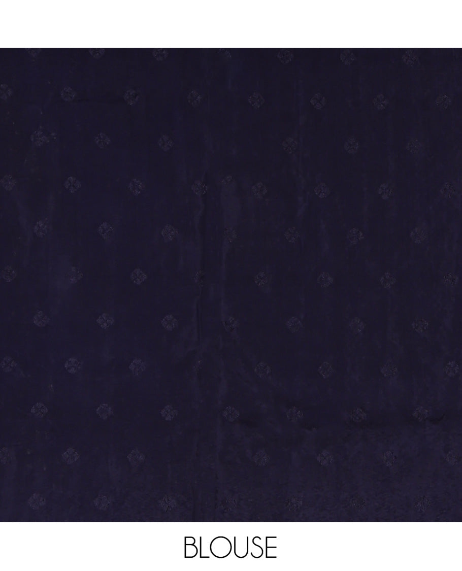 Navy Blue HO-Silk Saree, Adorned with Floral Zari Buttas All Over Its Body, Highlighted by Self-Border of Floral Creeper Designs, Floral Jaal Pallu and Paired with a Plain Blouse