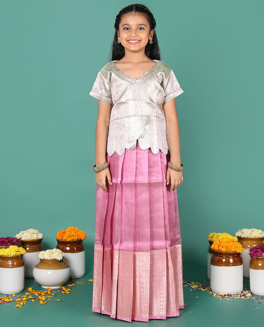 Pink readymade art silk pavadai, traditional zari big border skirt, & contrast jacquard scallop neck & short sleeve blouse