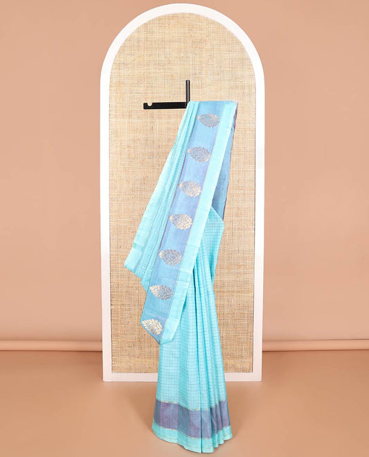 Light blue checked kancheepuram silk saree with contrast floral zari design border & floral design pallu
