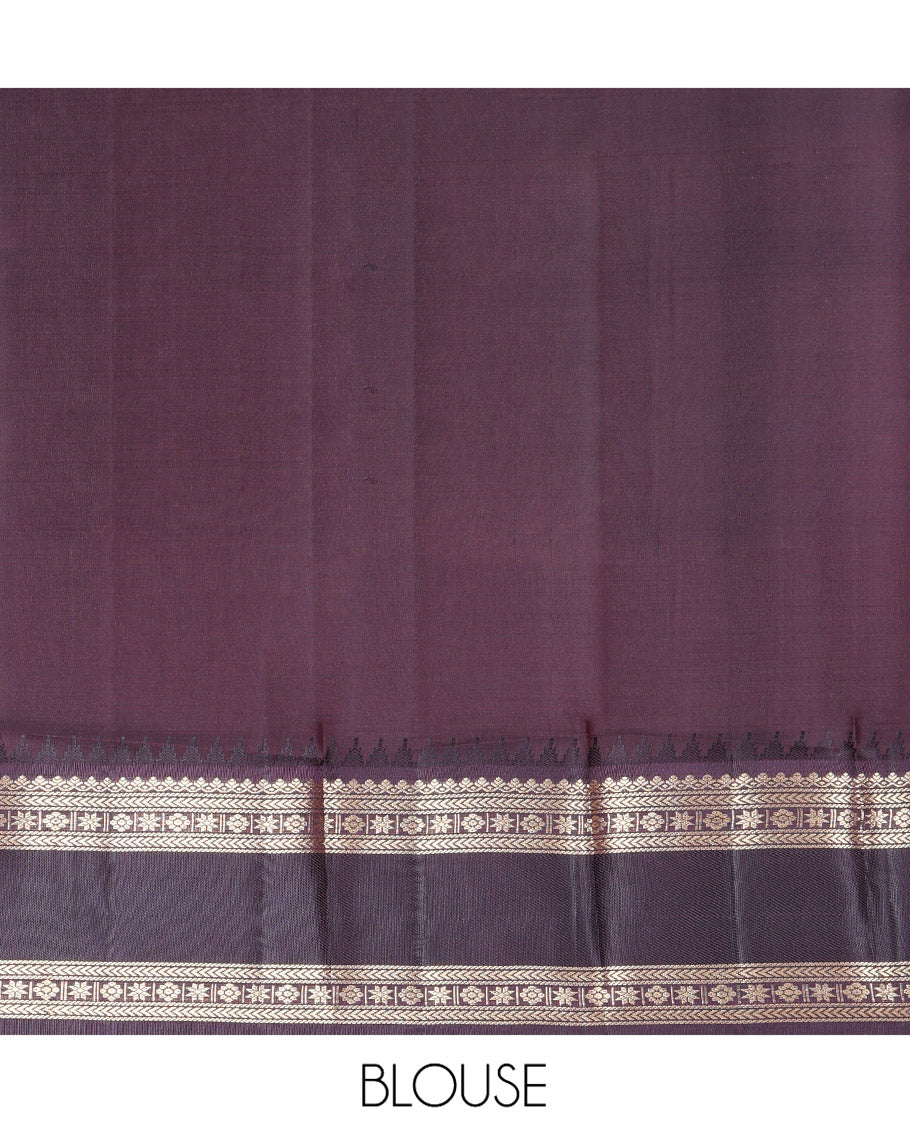 Green Vasundhara Silk Saree, Adorned with Kasa-Kasa-Style Checks, Complemented by a Contrast Rettai Pettu Border of Thazampoo Rekku, Salngai, Banaras, Kathir, Kamalam, and Star Designs, Gleaming Zari-Decked-Up Pallu and Paired with a Contrast Blouse