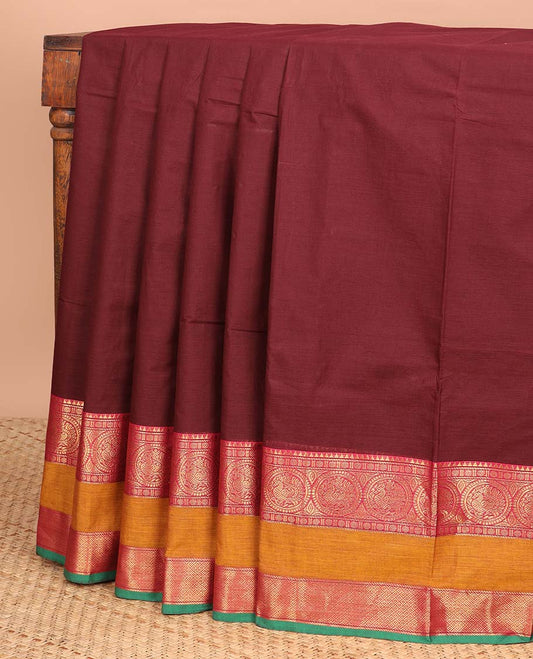 Brown chettinad cotton saree with contrast double pad, gala border